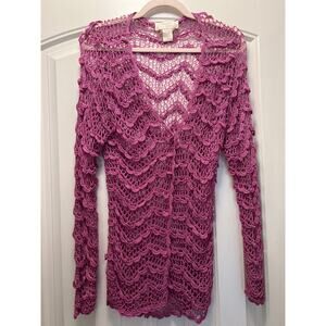 Kroshetta Women’s Crocheted V-Neck Scalloped Hem Soft Knit Cardigan Sz L‎ Purple